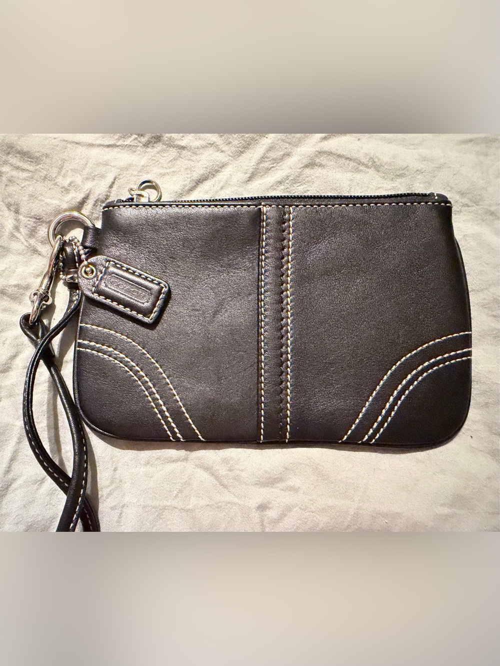 Coach Black Leather Wristlet with Contrast Stitching
